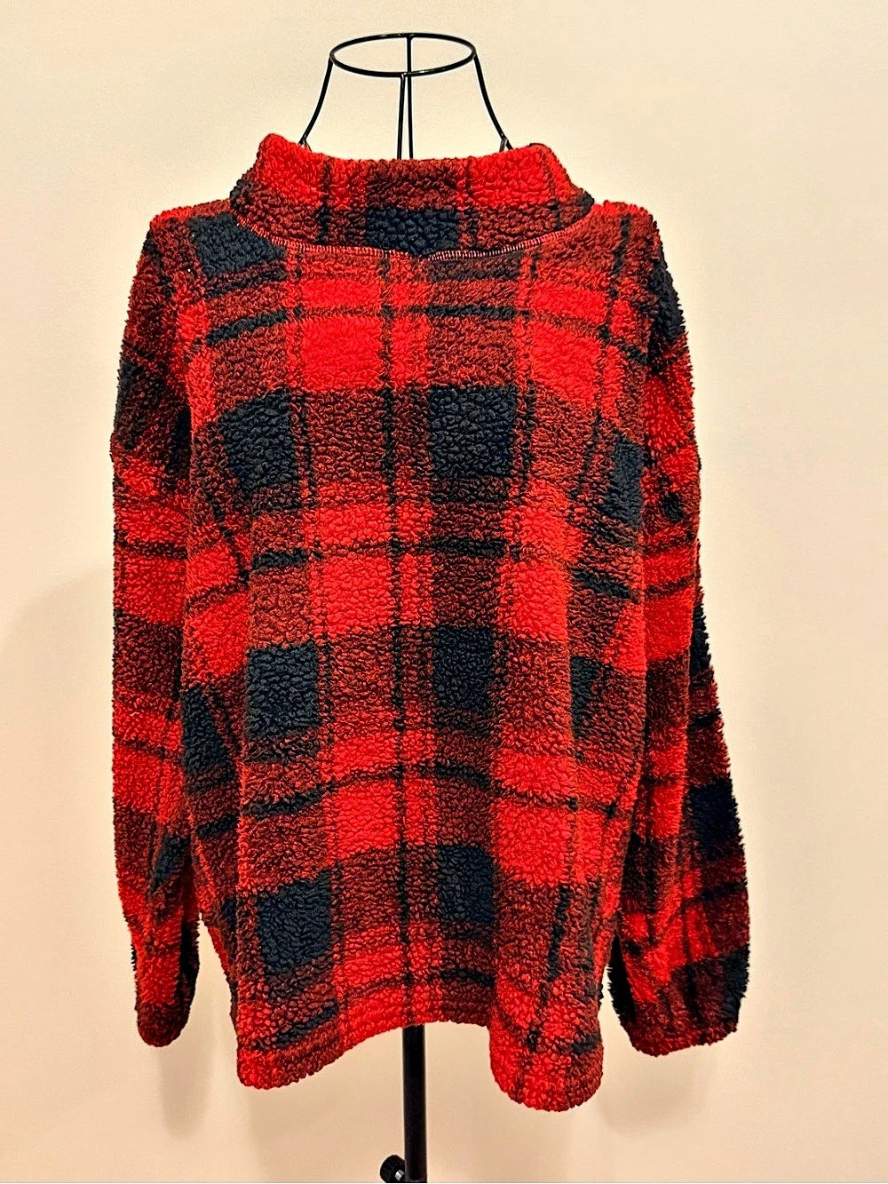 Maurices Womens XL Red Black Buffalo Plaid Fleece Holiday Mock Neck Pullover Top
